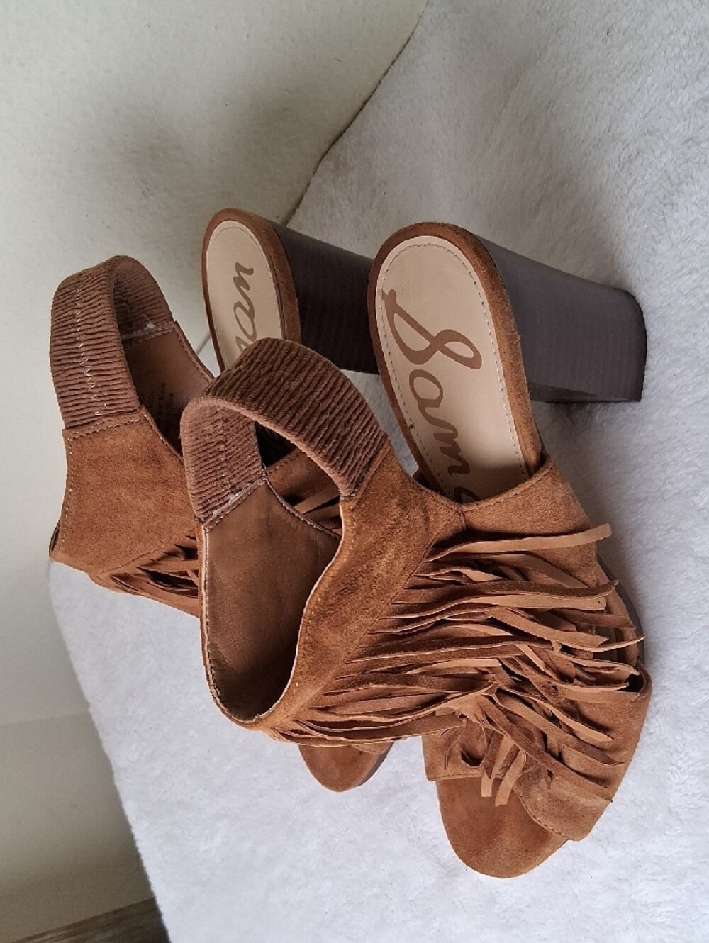 Sam Edelman Tan Suede Fringe Block Heel Sandals - Picture 2 of 5